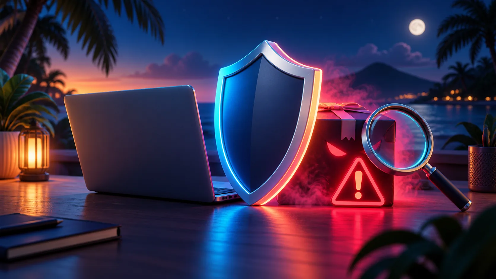 3D cartoon warning shield blocking a suspicious download box on a neon desk