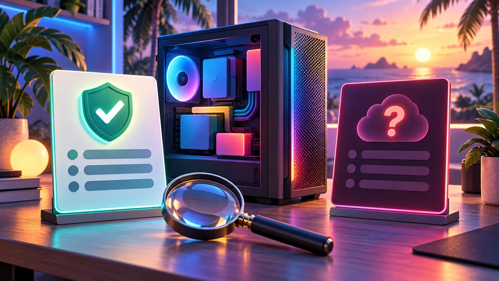 3D cartoon computer parts beside an empty official-information panel