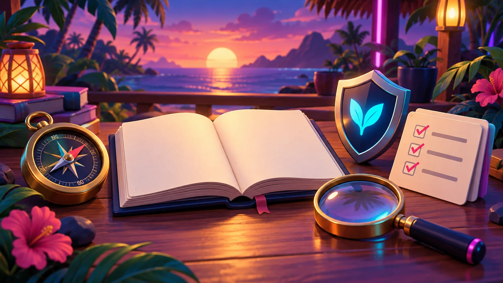 3D cartoon shopping card with a safety shield on a neon tropical desk