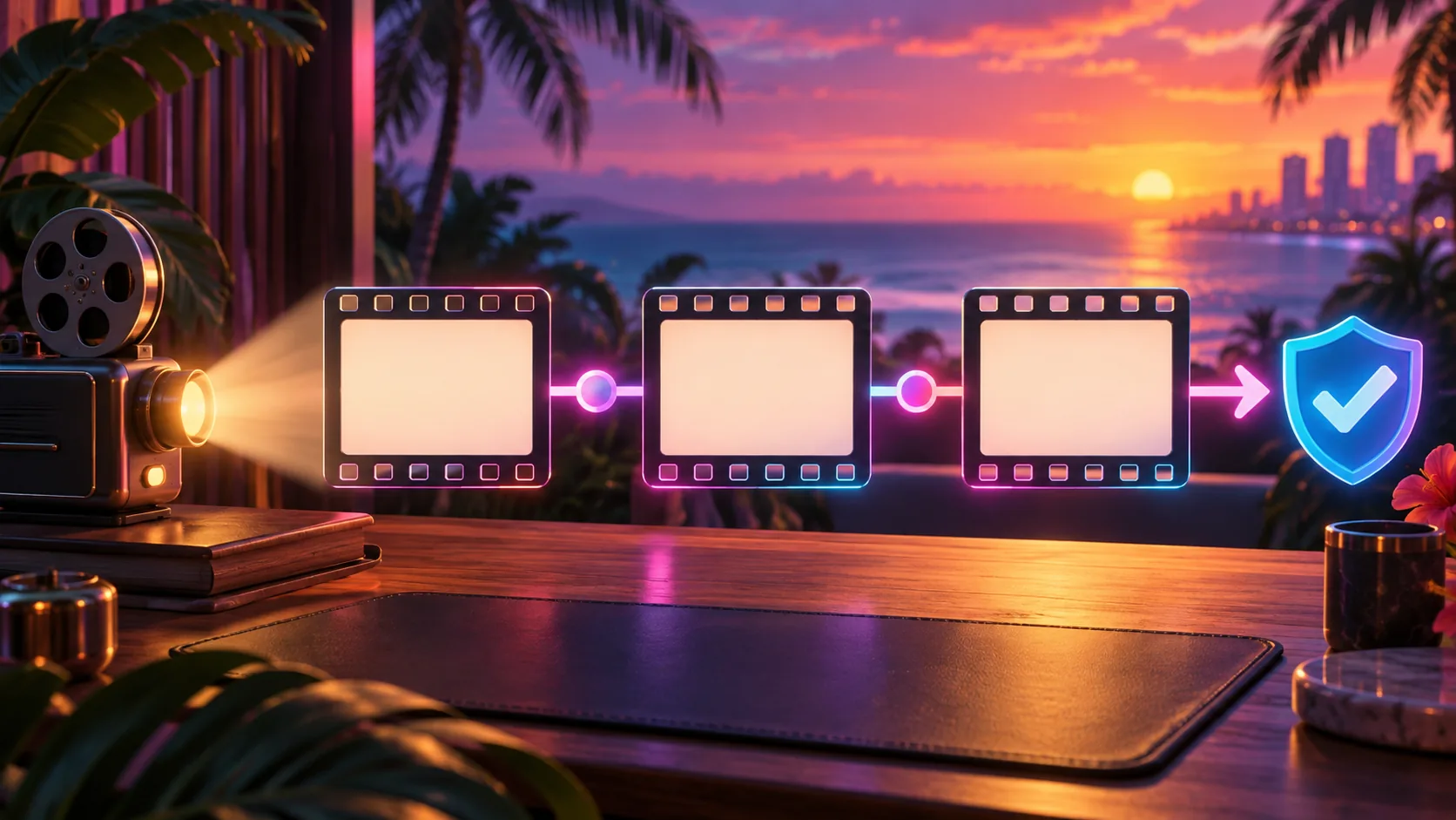 3D cartoon video panels along a colourful tropical boulevard