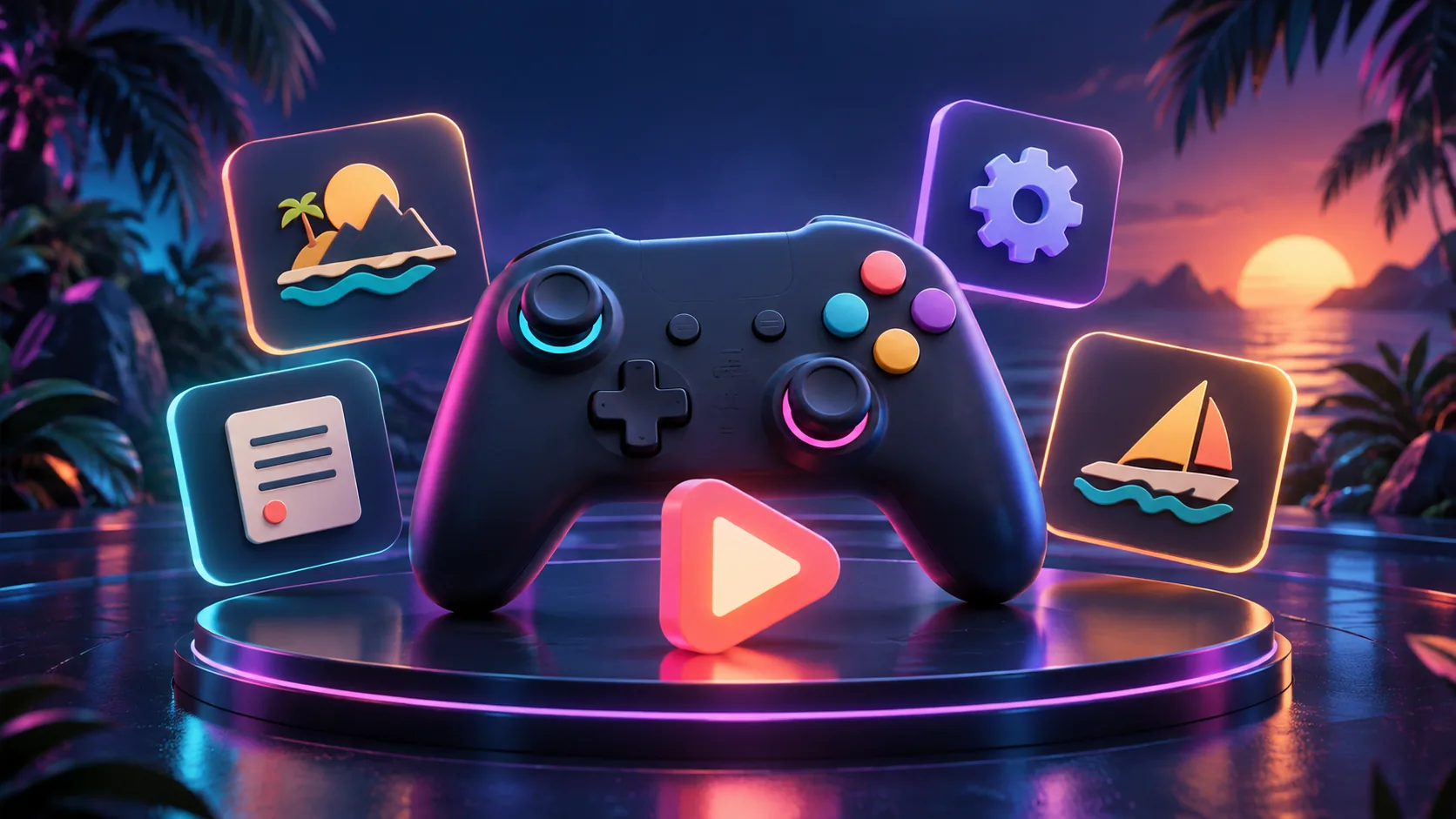 3D cartoon coastal city game-information desk with controller and neon display