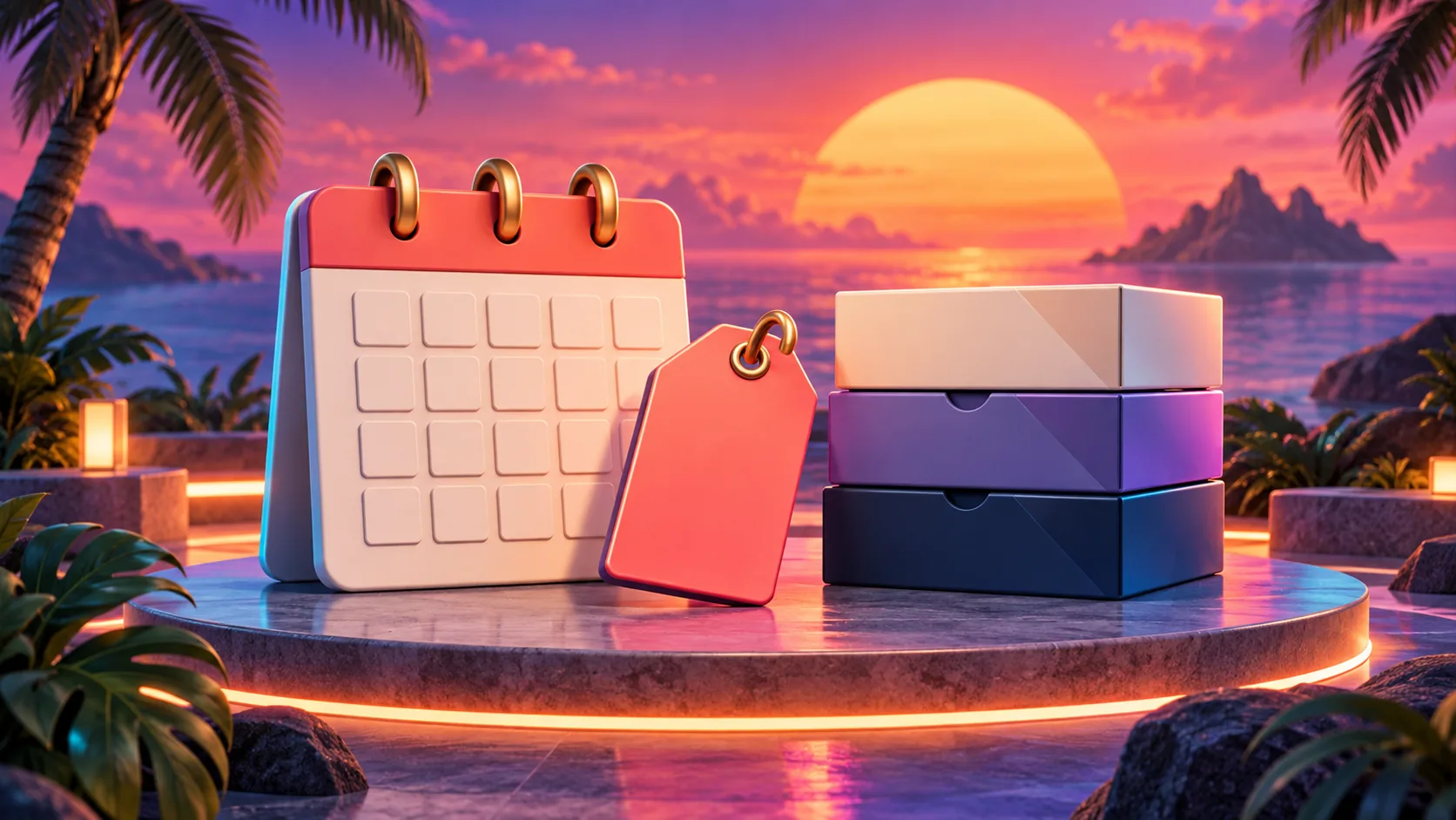 Blank calendar, price tag shape and unbranded edition boxes in a 3D cartoon scene